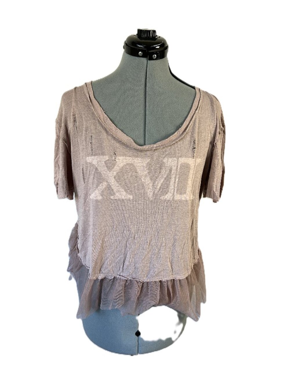 We The Free People Distressed T Shirt With Ruffle Detail M Dusty Pink